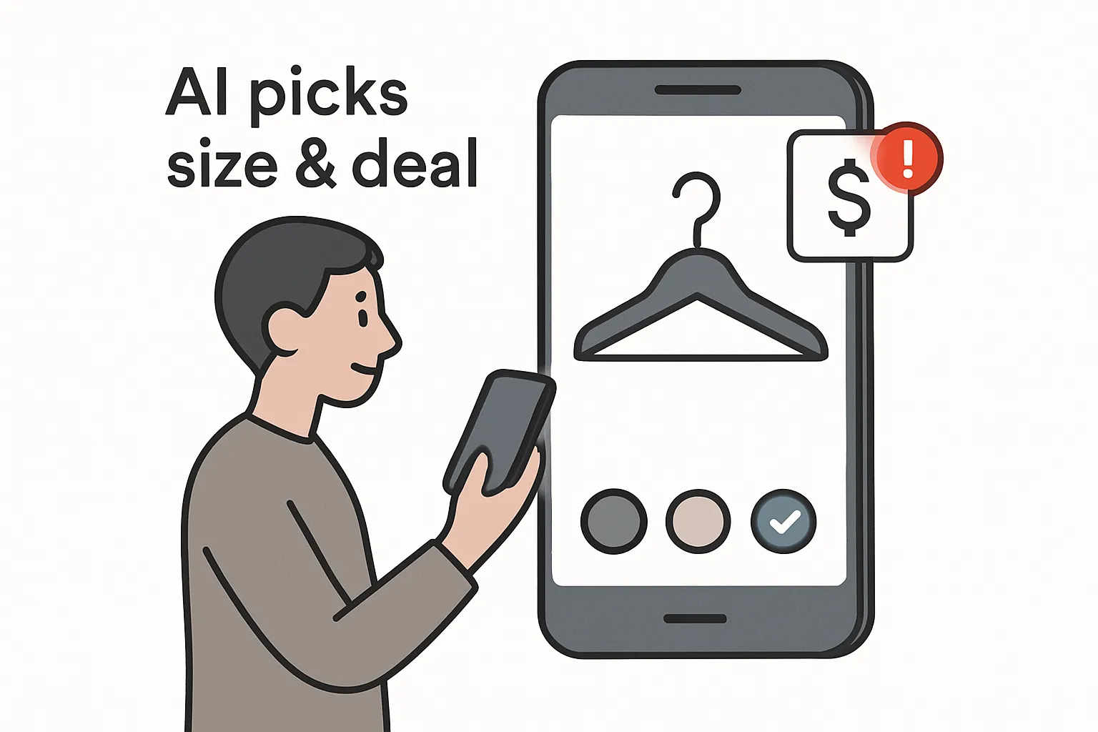 Shopper using smartphone as smart mirror with AI clothing tags and price alerts in minimalist tech scene