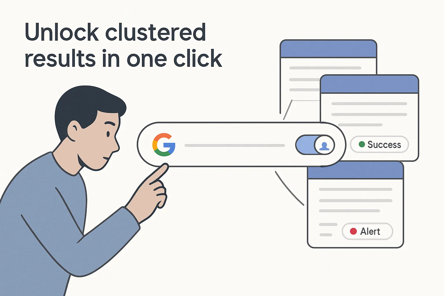 Minimalist tech illustration of a hidden Labs toggle activating clustered search results with summary chips
