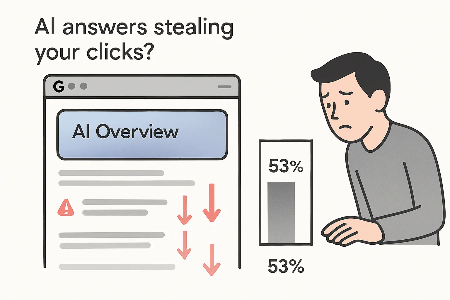 Illustration of Google AI answer box overshadowing organic links showing CTR drop risk
