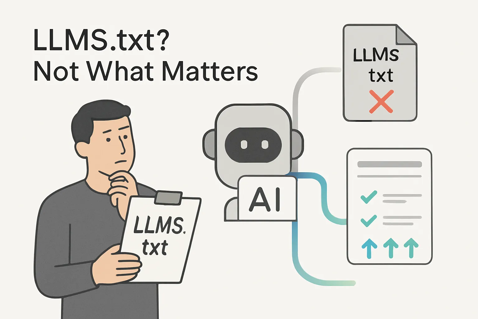 Illustration showing shift from LLMS.txt control to traditional SEO signals guiding Google AI rankings minimal tech style with human puzzled marketer holding clipboard and AI chatbot head with diverging paths to wrong and right optimization methods