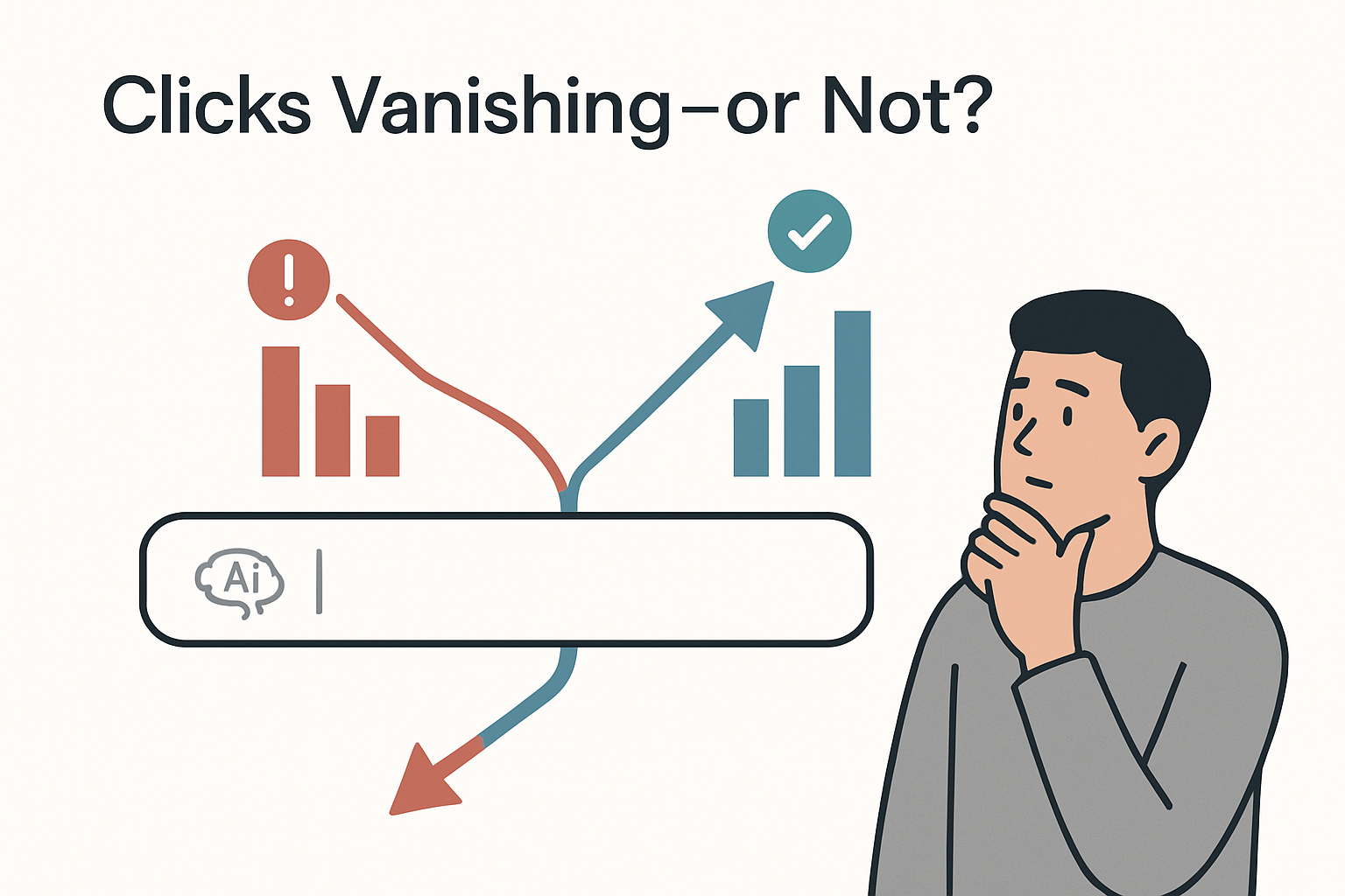 Minimalist illustration of diverging traffic data from an AI search bar with puzzled human avatar and traffic bars showing uncertain publisher clicks