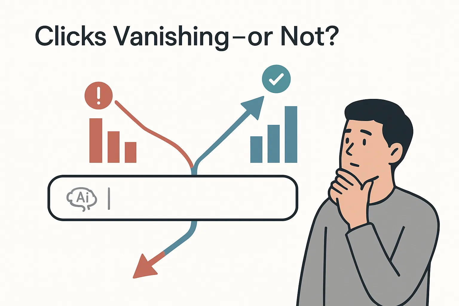 Minimalist illustration of diverging traffic data from an AI search bar with puzzled human avatar and traffic bars showing uncertain publisher clicks
