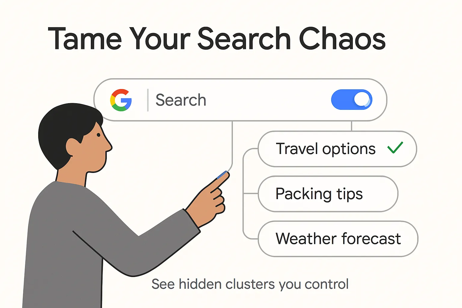 User toggling Google Web Guide to organize search intent clusters in minimalist tech illustration