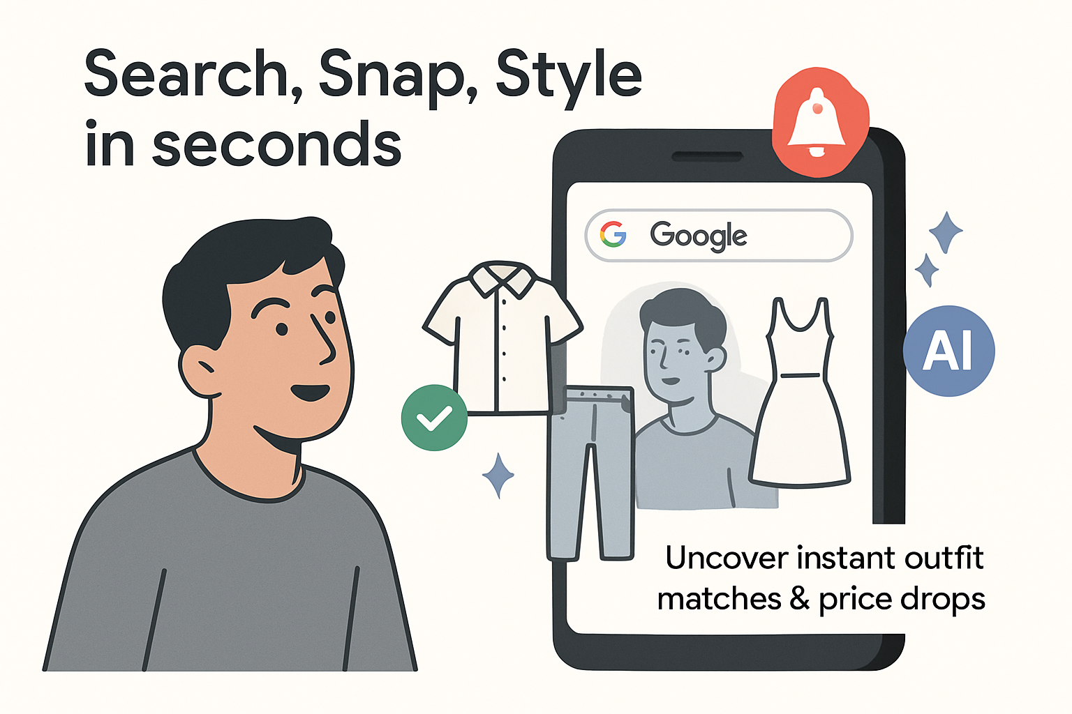 Minimalist illustration of Google Search transforming into an AI personal stylist overlaying clothing options on a user photo with price alert icons