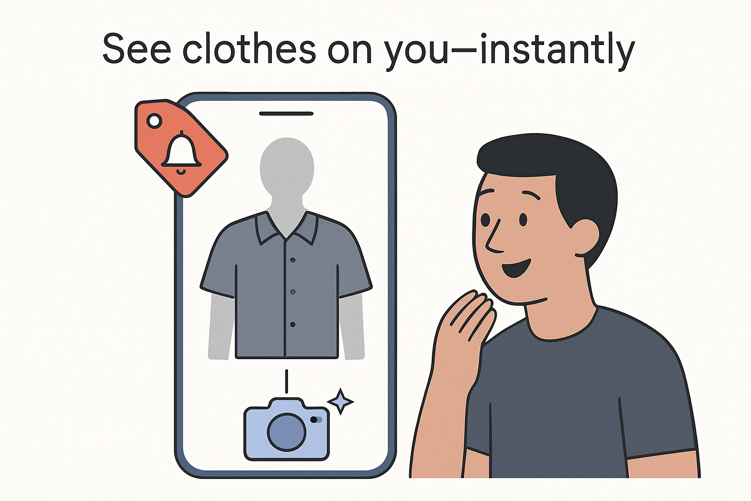 Minimalist illustration of Google AI virtual try on with price alert and camera match features in a tech scene