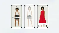 Three phone screens showing virtual clothing try-on in Google Shopping