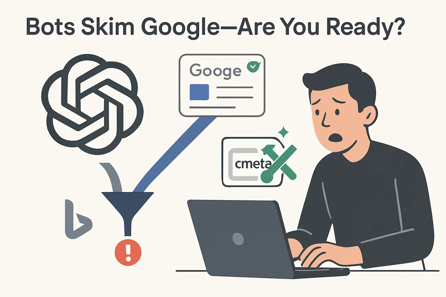 Minimalist illustration of a surprised marketer editing meta tags with a ChatGPT chatbot funneling Google snippet cards and a faded Bing icon on a white background