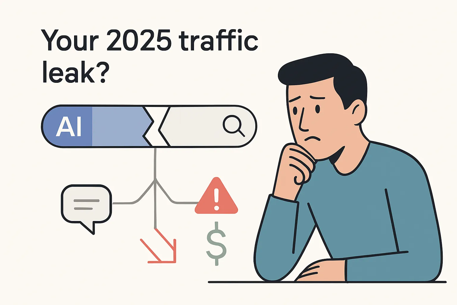 Minimalist illustration of AI-driven search disruptions affecting marketing budgets with fractured search bar and icons for chat traffic and revenue growth
