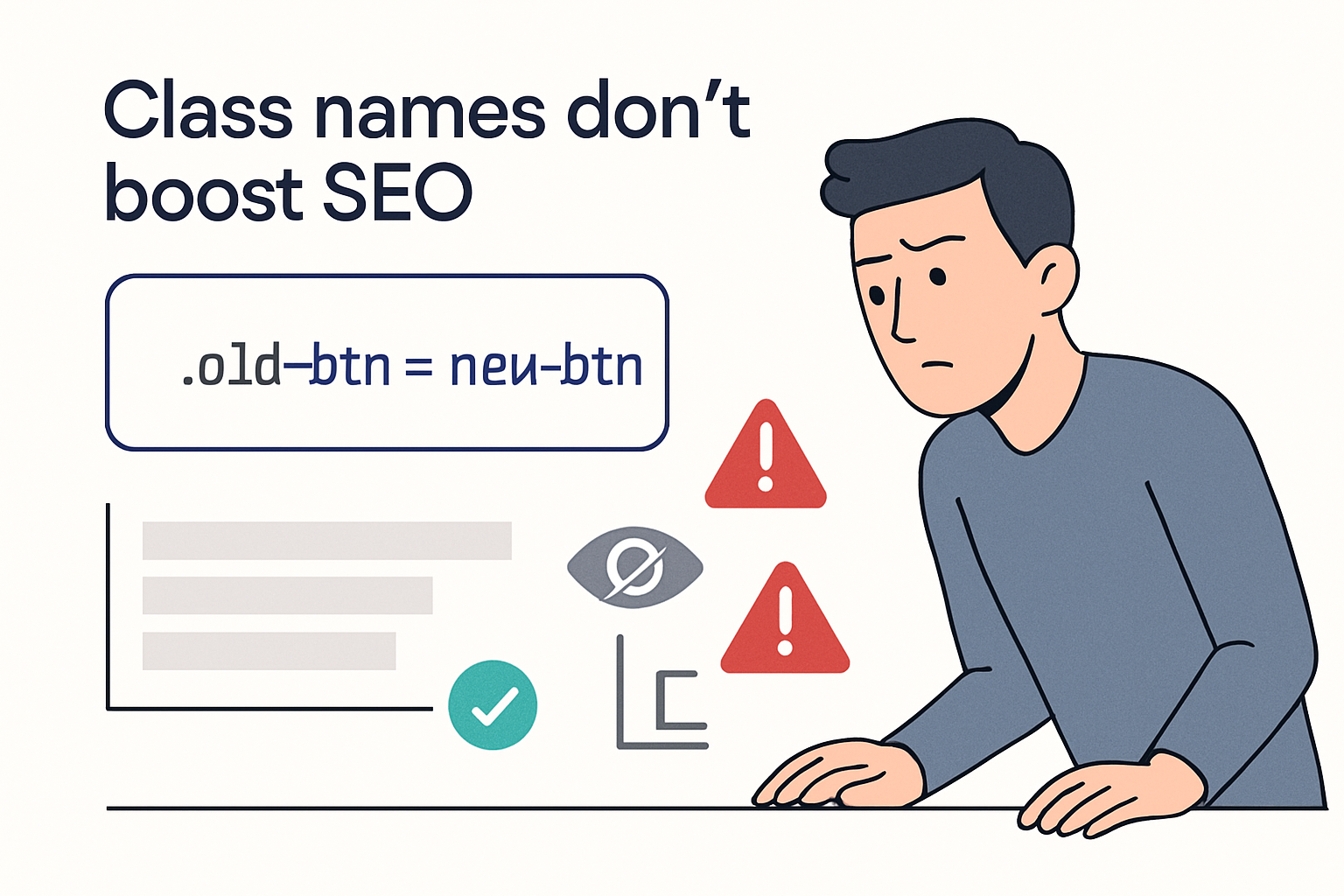 Illustration showing changing CSS class labels does not affect search ranking while hidden issues trigger alerts