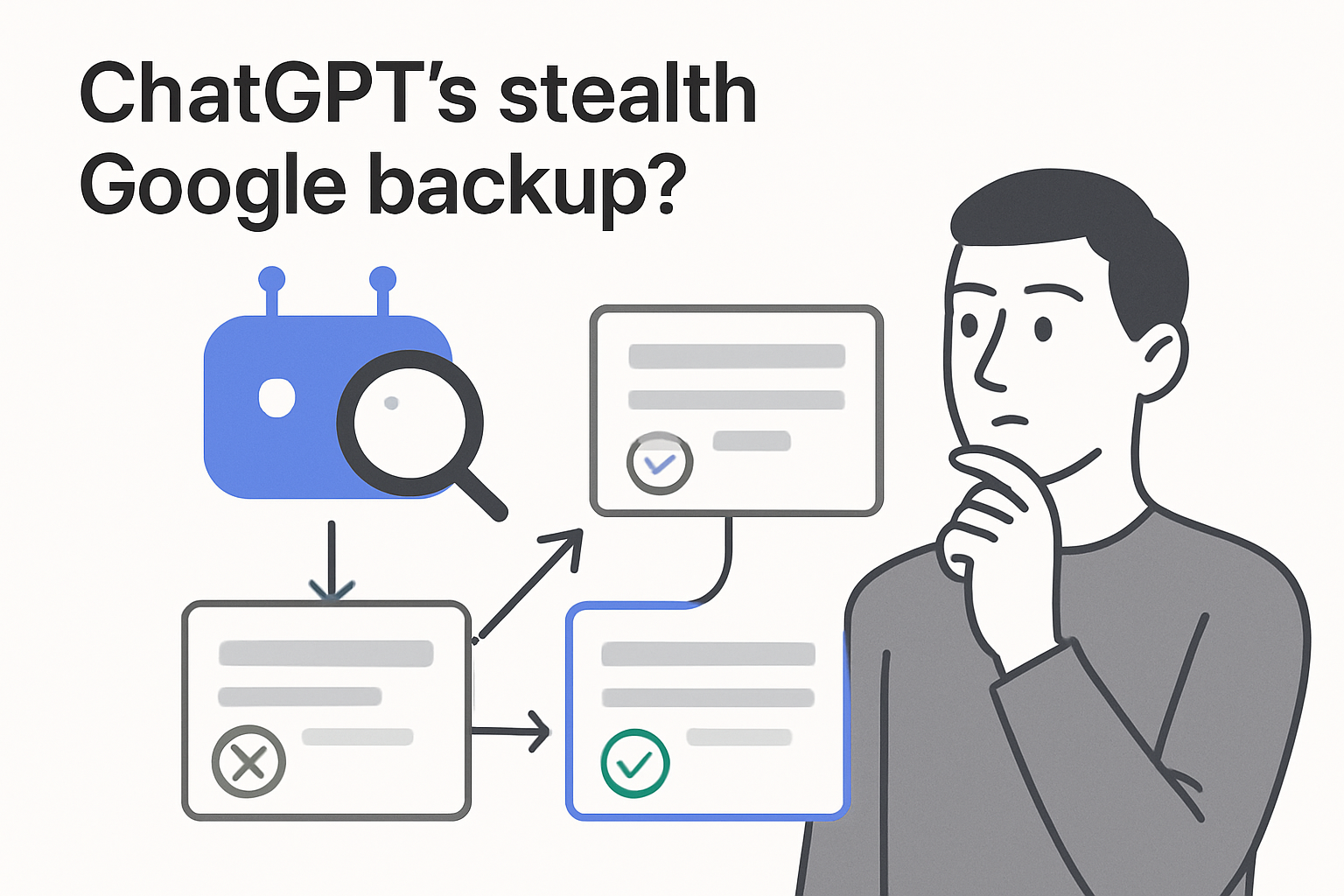 Minimalist chatbot icon rerouting to Google snippet tile with SEO analyst avatar reacting to fallback mechanism in clean muted tones