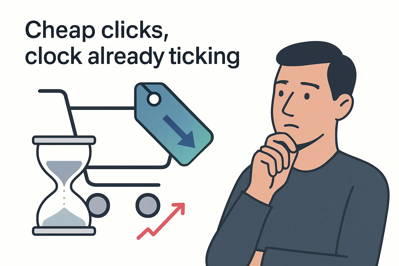 Minimalist illustration of a marketer avatar reacting to a shopping cart with a downward pointing price tag and an hourglass indicating lower CPCs after Amazon's Google Shopping exit