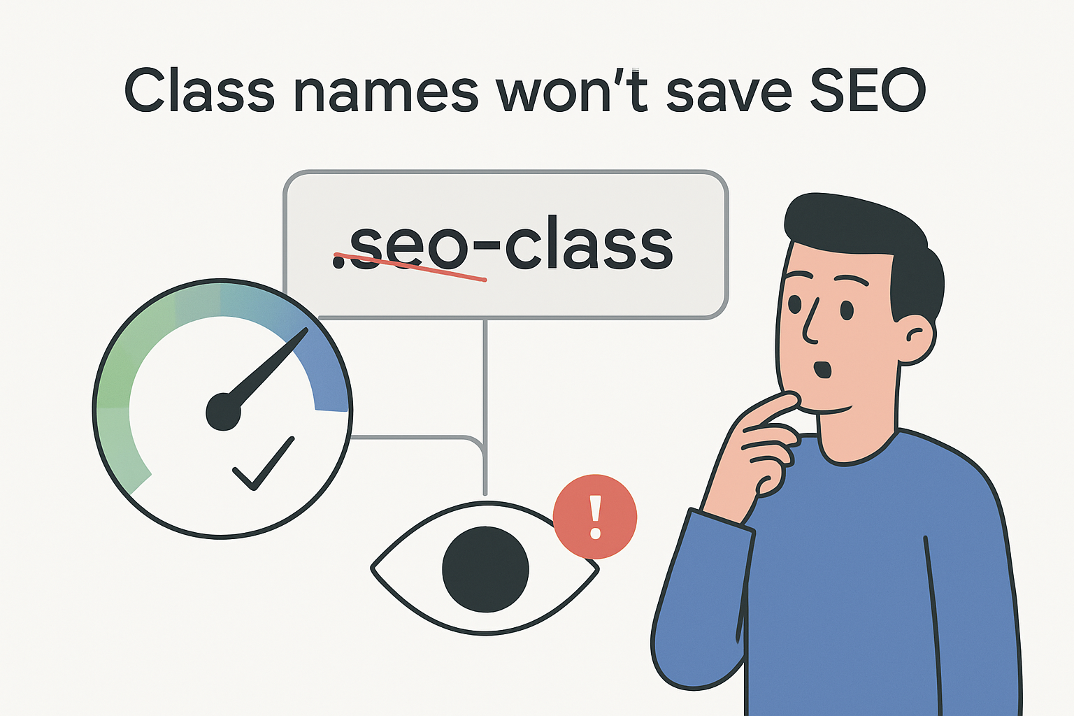 Minimalist tech illustration debunking CSS class name SEO myths with a crossed out code tag and ranking icons