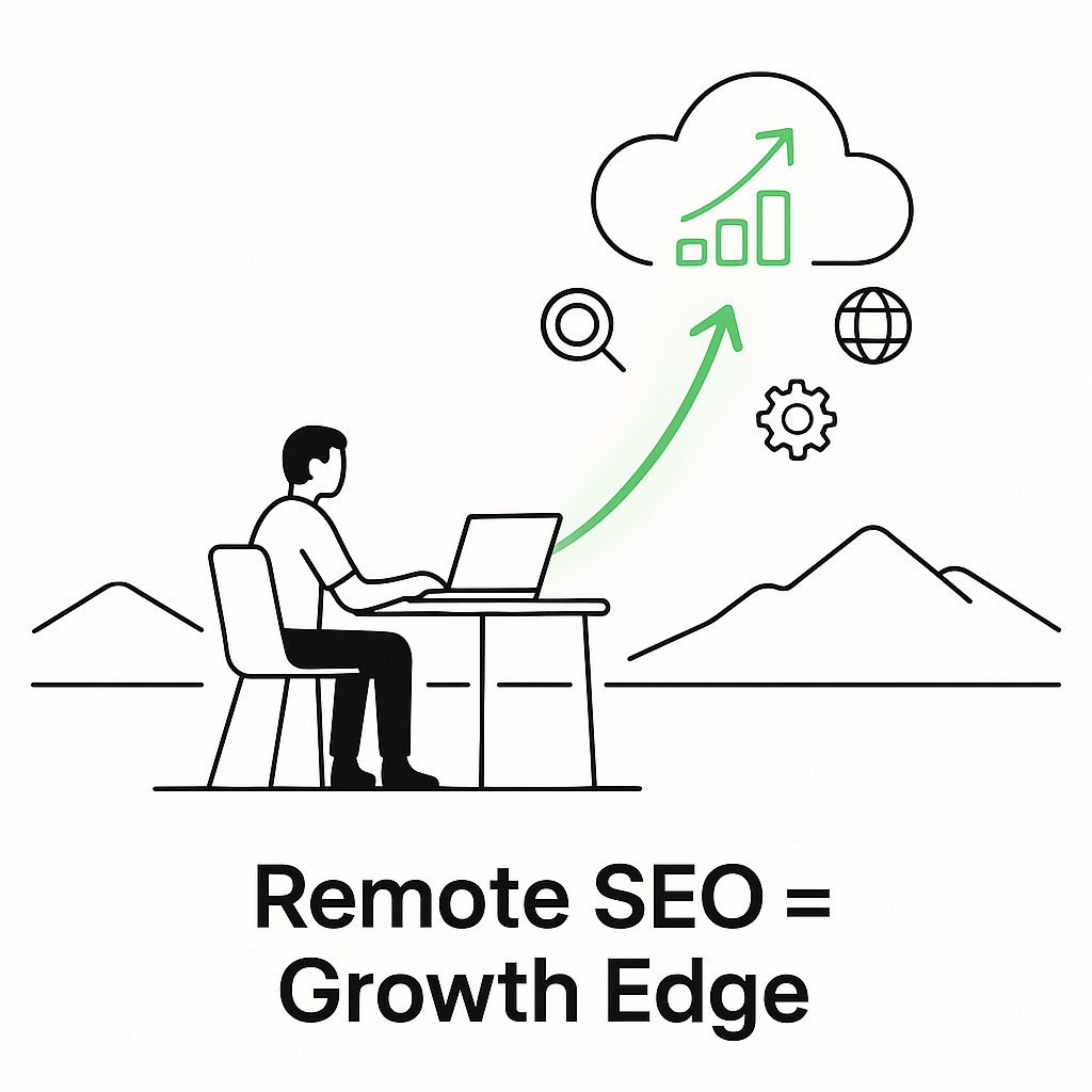 Minimalist remote workspace with SEO icons and "Remote SEO = Growth Edge" text in clouds.