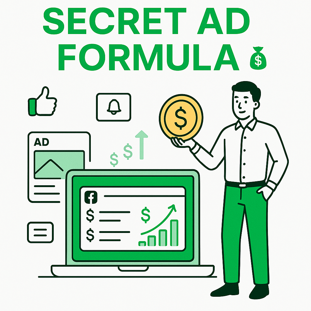 Minimalist tech illustration of Facebook Ads dashboard, pro holding coin symbolizing 'cash cow' strategy.