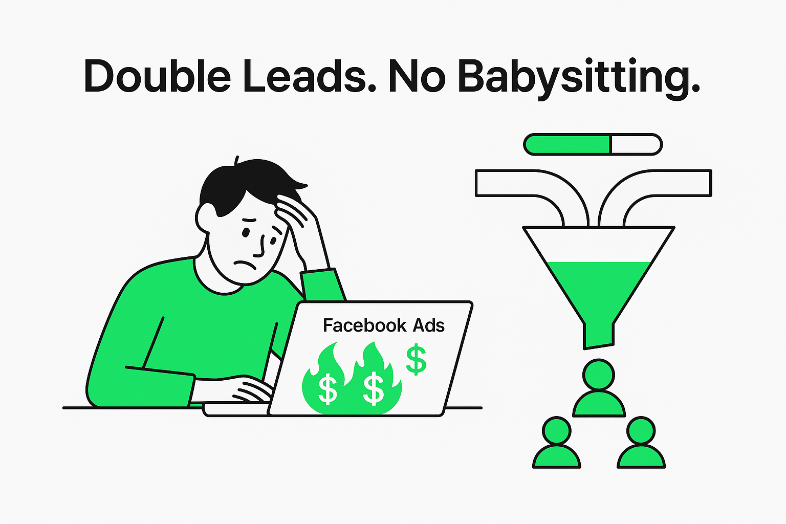 Frustrated marketer at laptop with burning ad spend, split pipeline leading to growing leads and progress bar.