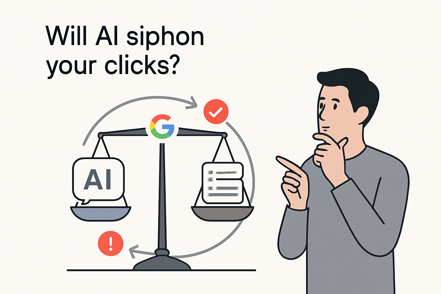 Minimalist illustration of balancing scale with AI answer box and publisher link icons showing traffic risk