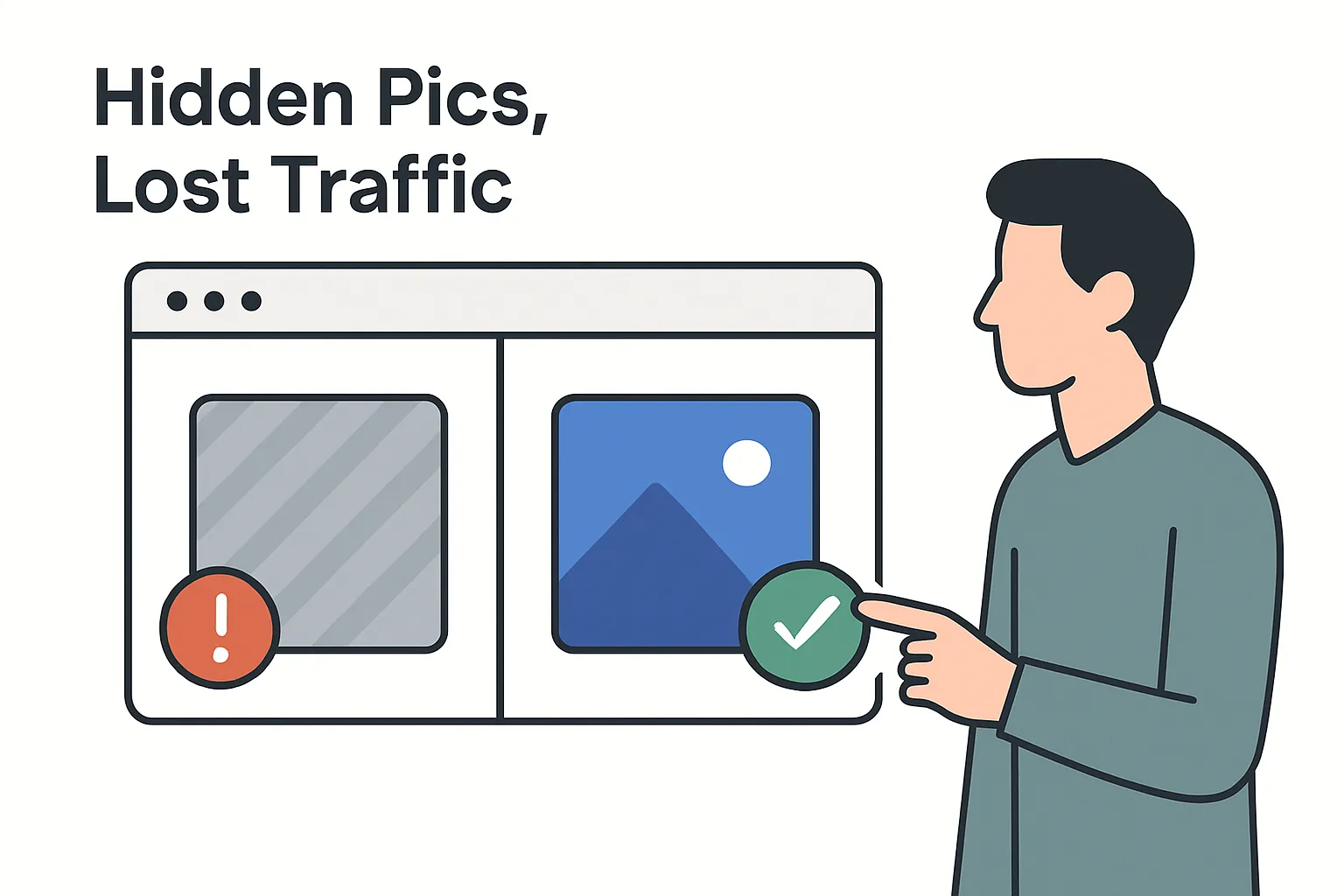 Illustration showing how CSS background images are invisible to Google and how a simple HTML change makes them searchable