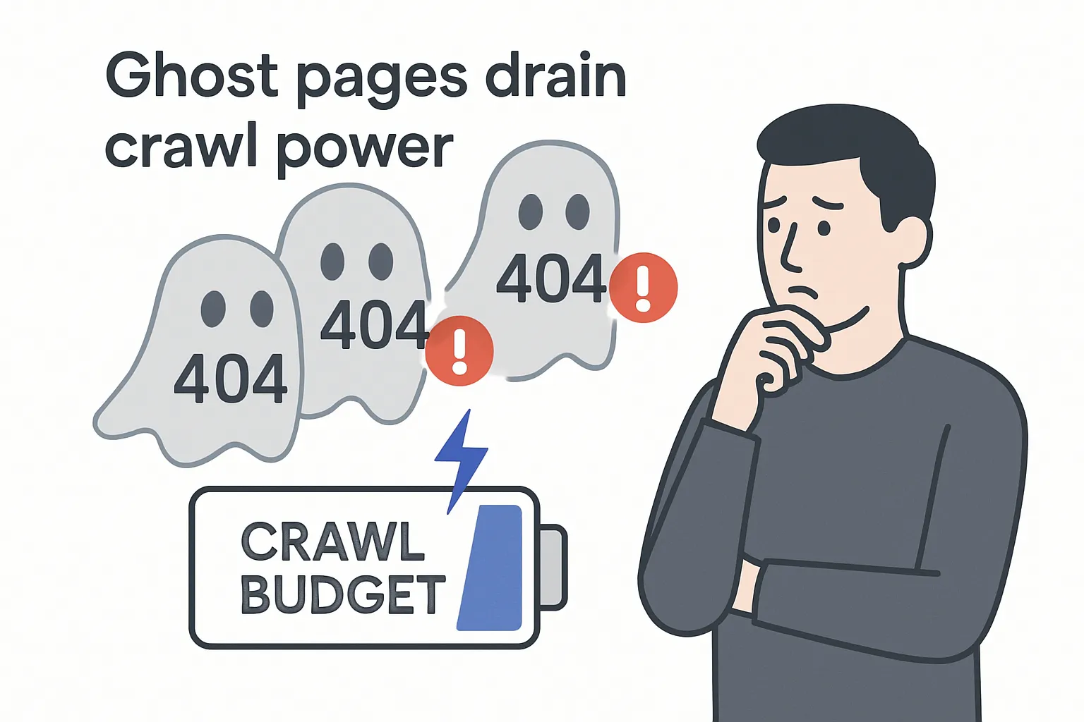 Minimalist illustration of ghost pages draining website crawl budget with worried admin