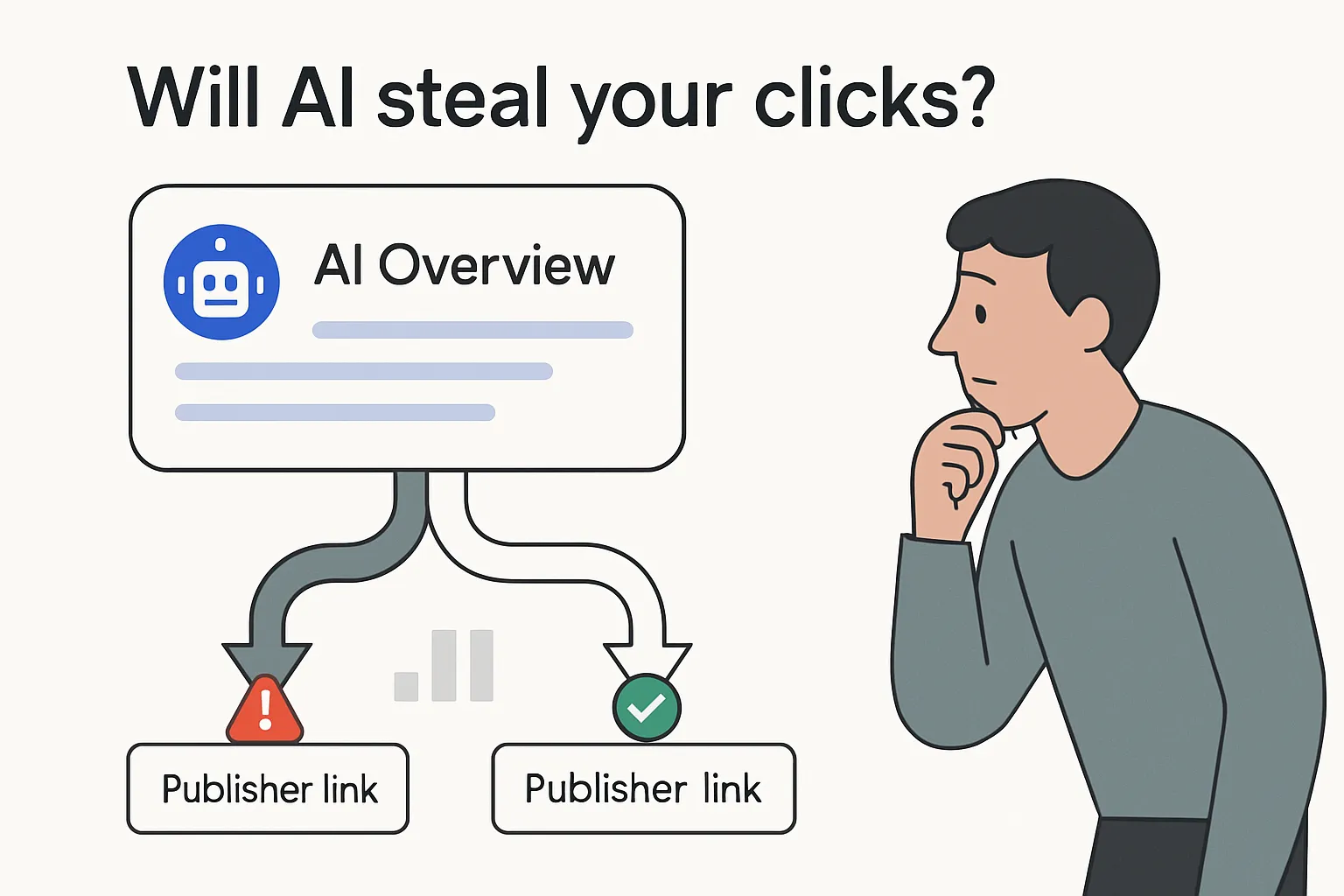 Minimalist tech illustration of Google AI overview card sharing traffic streams with publisher links and uncertain flow highlighting flow paths with alert and success icons