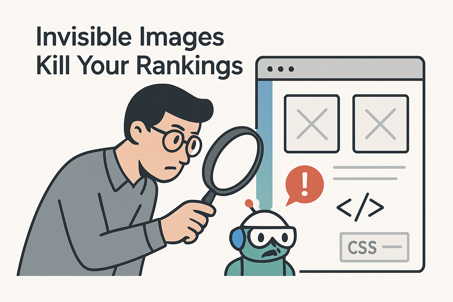 Illustration of puzzled SEO analyst noticing invisible background images in webpage mock-up with tiny Google bot icon and warning exclamation