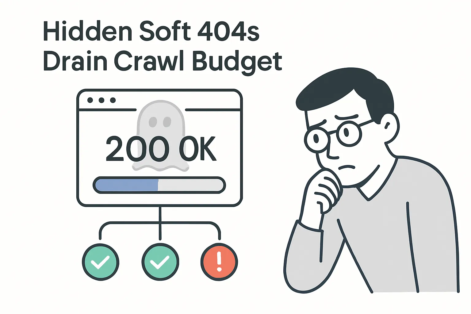 Illustration of hidden soft 404 pages draining Google crawl budget with minimalist tech symbols