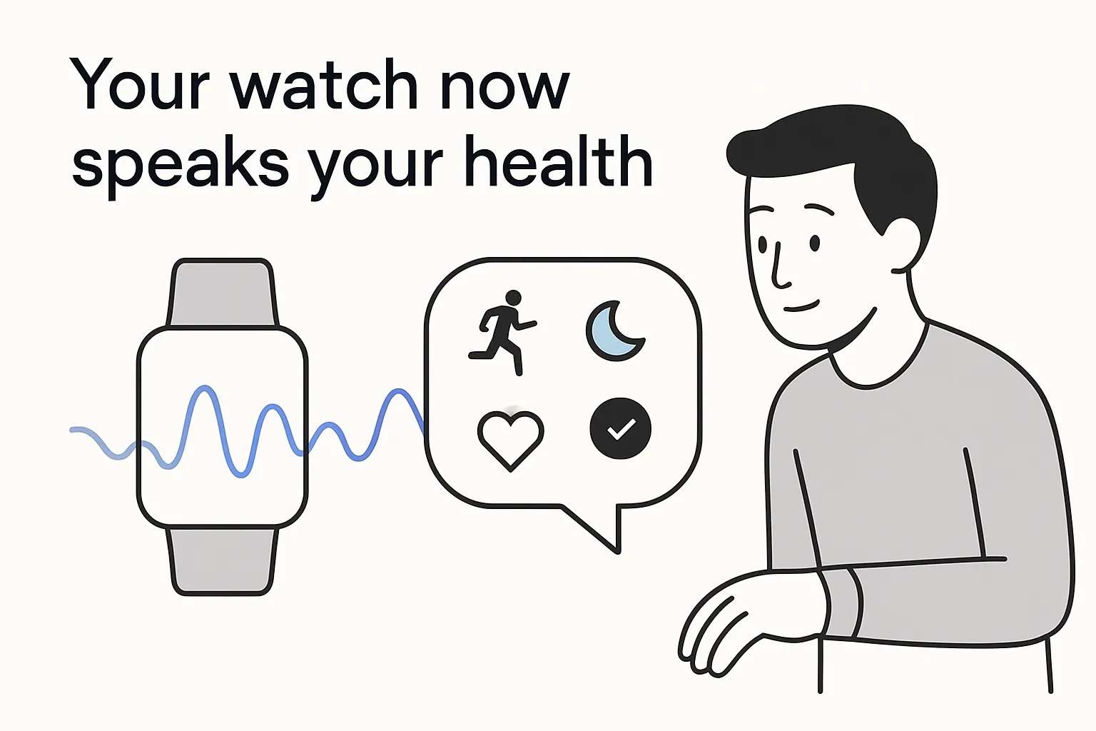 Illustration of wearable device transforming raw data into readable health insights with minimalist tech style