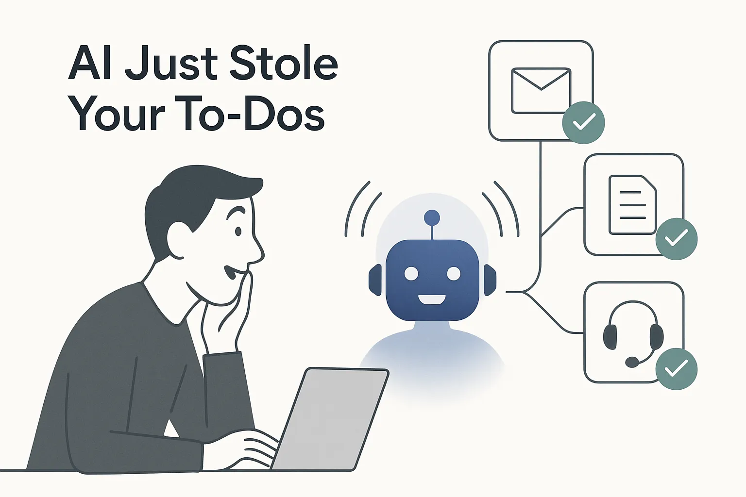 Minimalist illustration of a chatbot dispatching marketing tasks with a surprised marketer watching