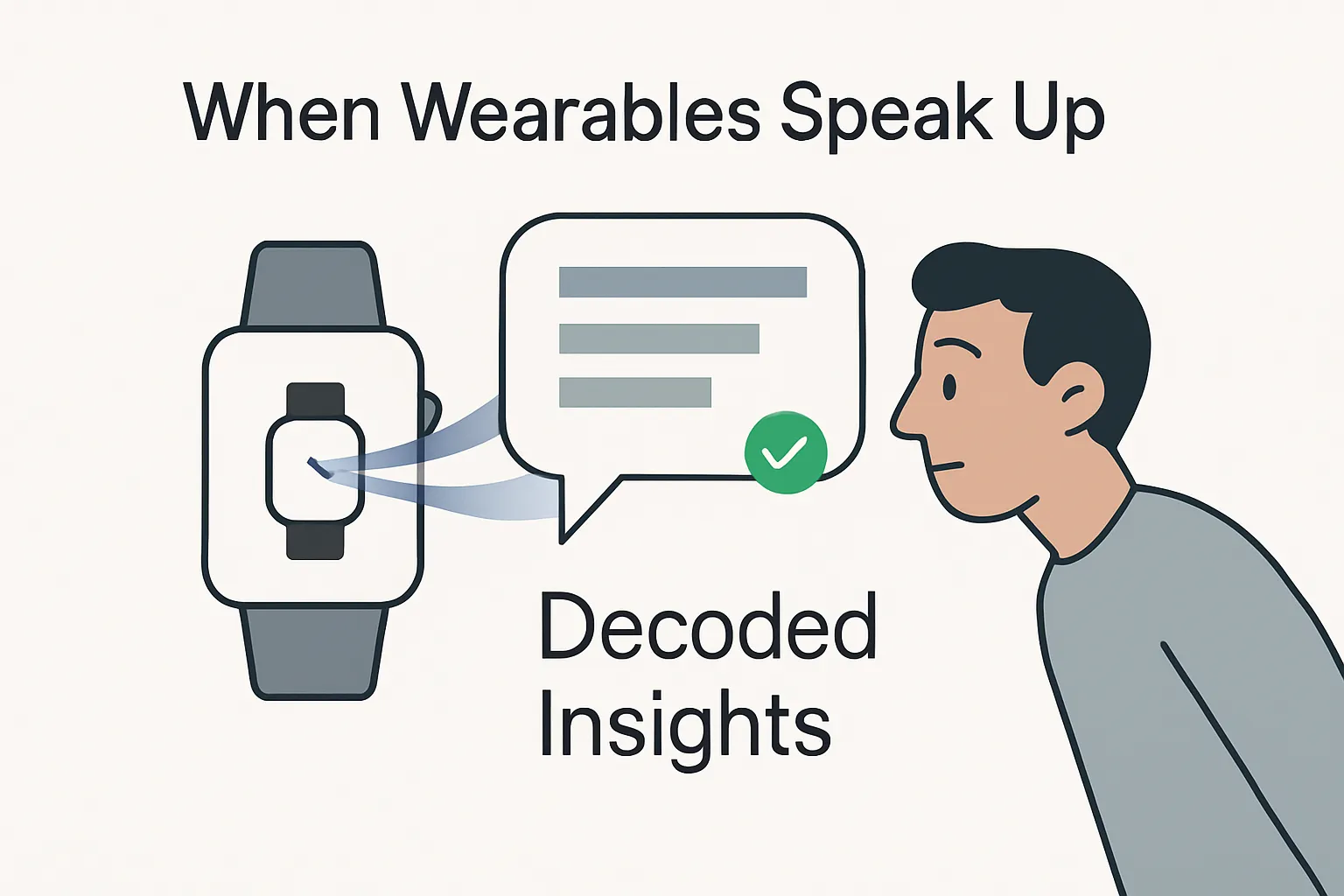 Minimalist smartwatch with data streams and curious avatar analyzing insights