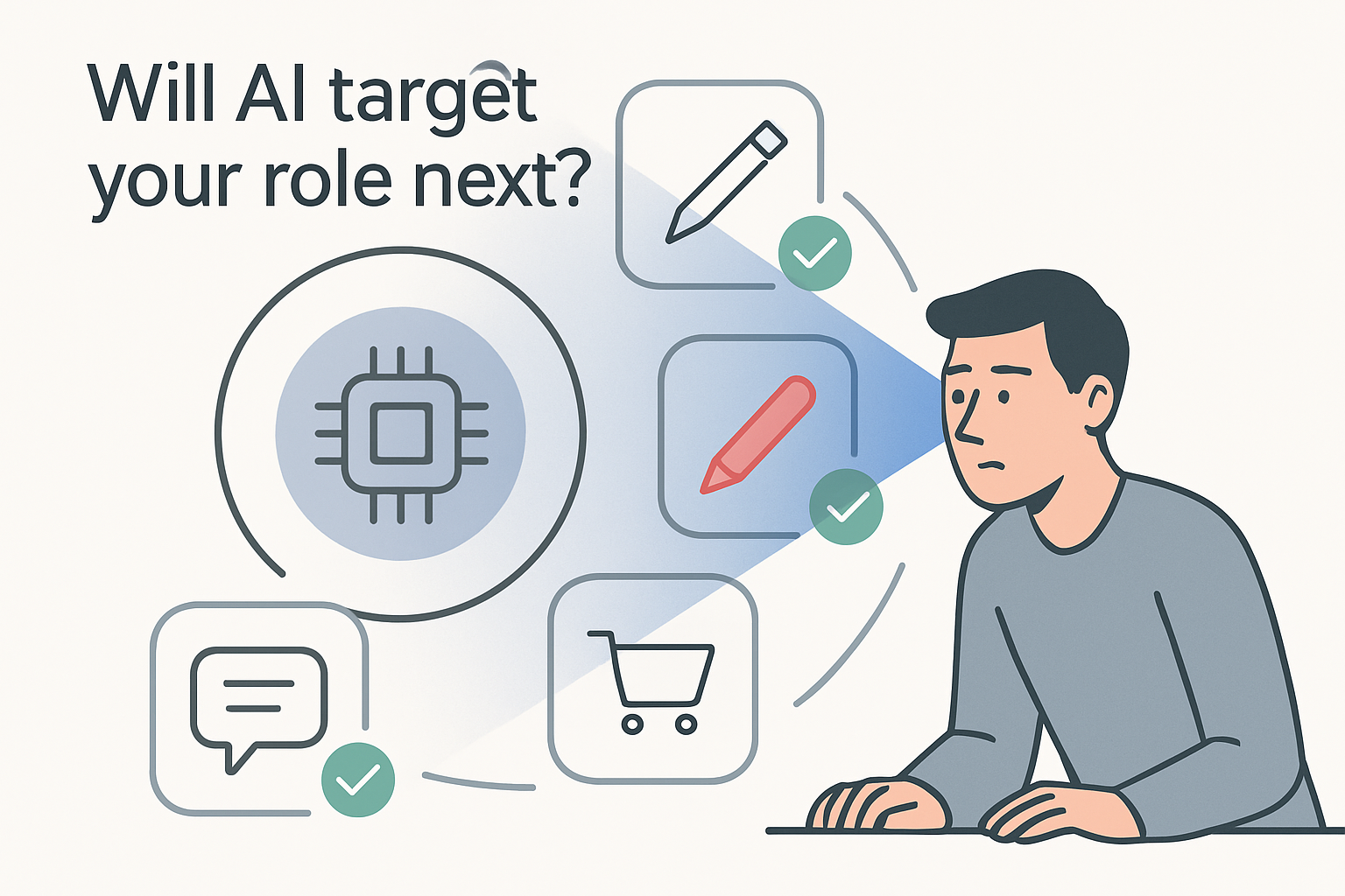 AI spotlight scans job icons highlighting roles most exposed to AI automation