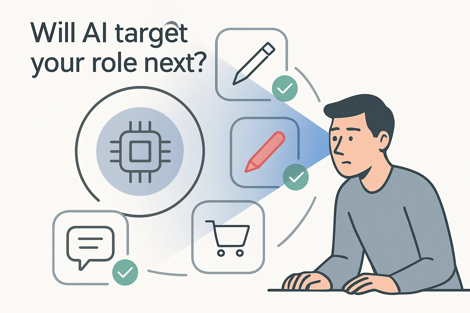 AI spotlight scans job icons highlighting roles most exposed to AI automation