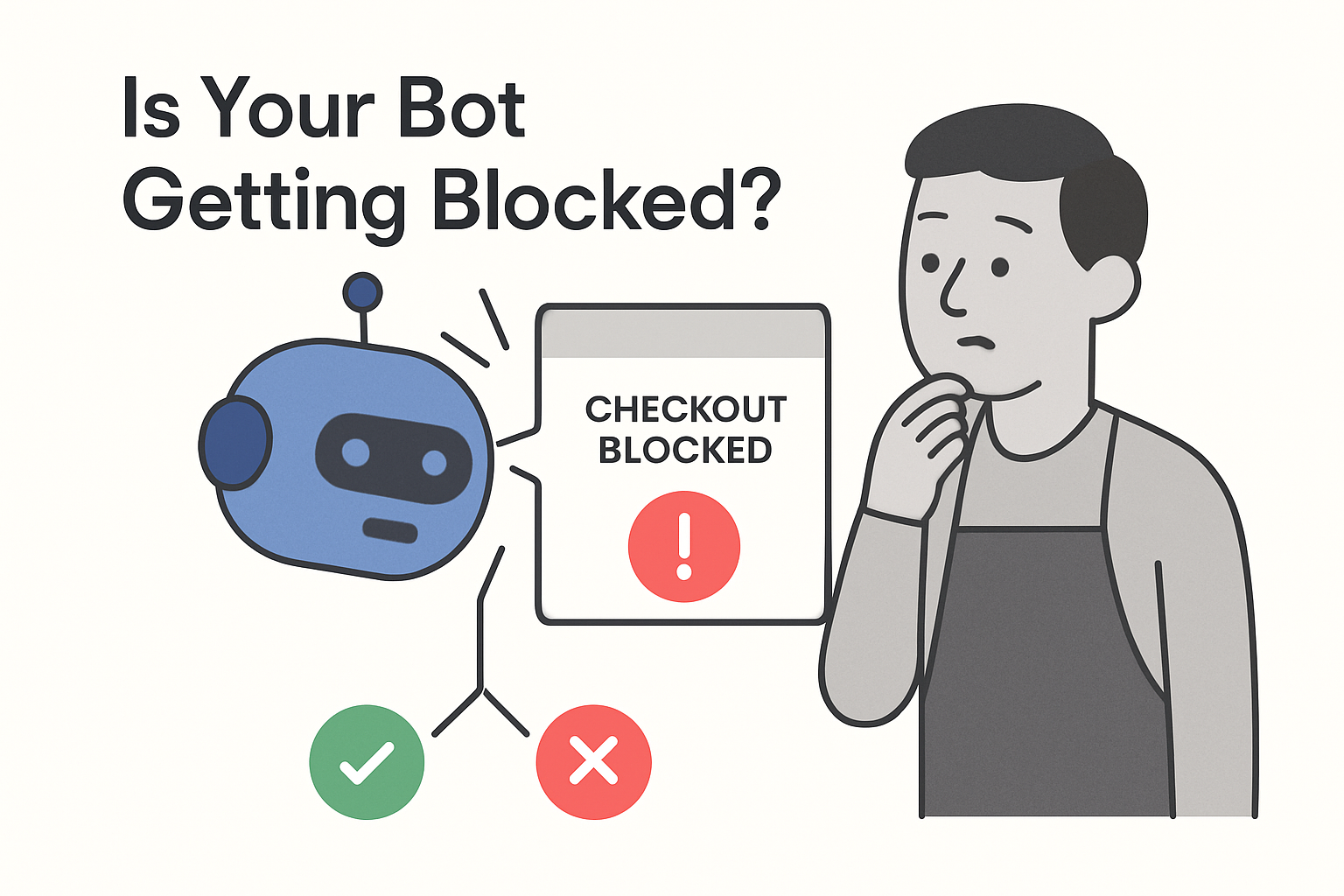Minimalist illustration of chatbot head colliding with checkout gateway and worried store owner with pass and stop badges