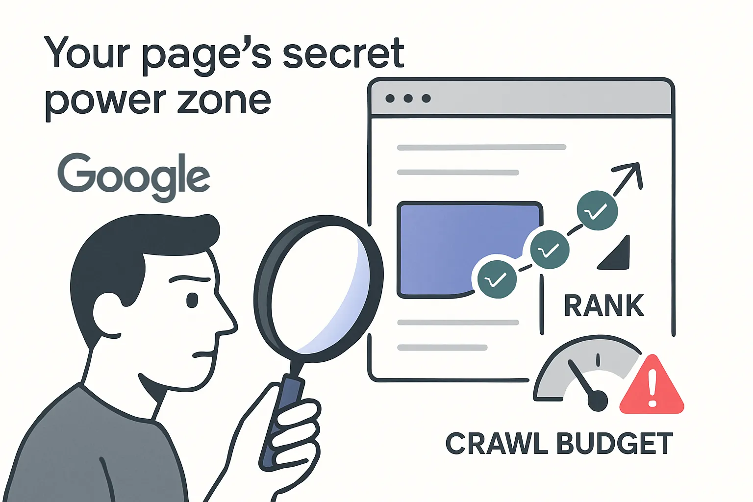 Minimalist illustration of a web page centerpiece driving rankings with warnings of crawl budget drain and a human inspecting with a digital magnifier