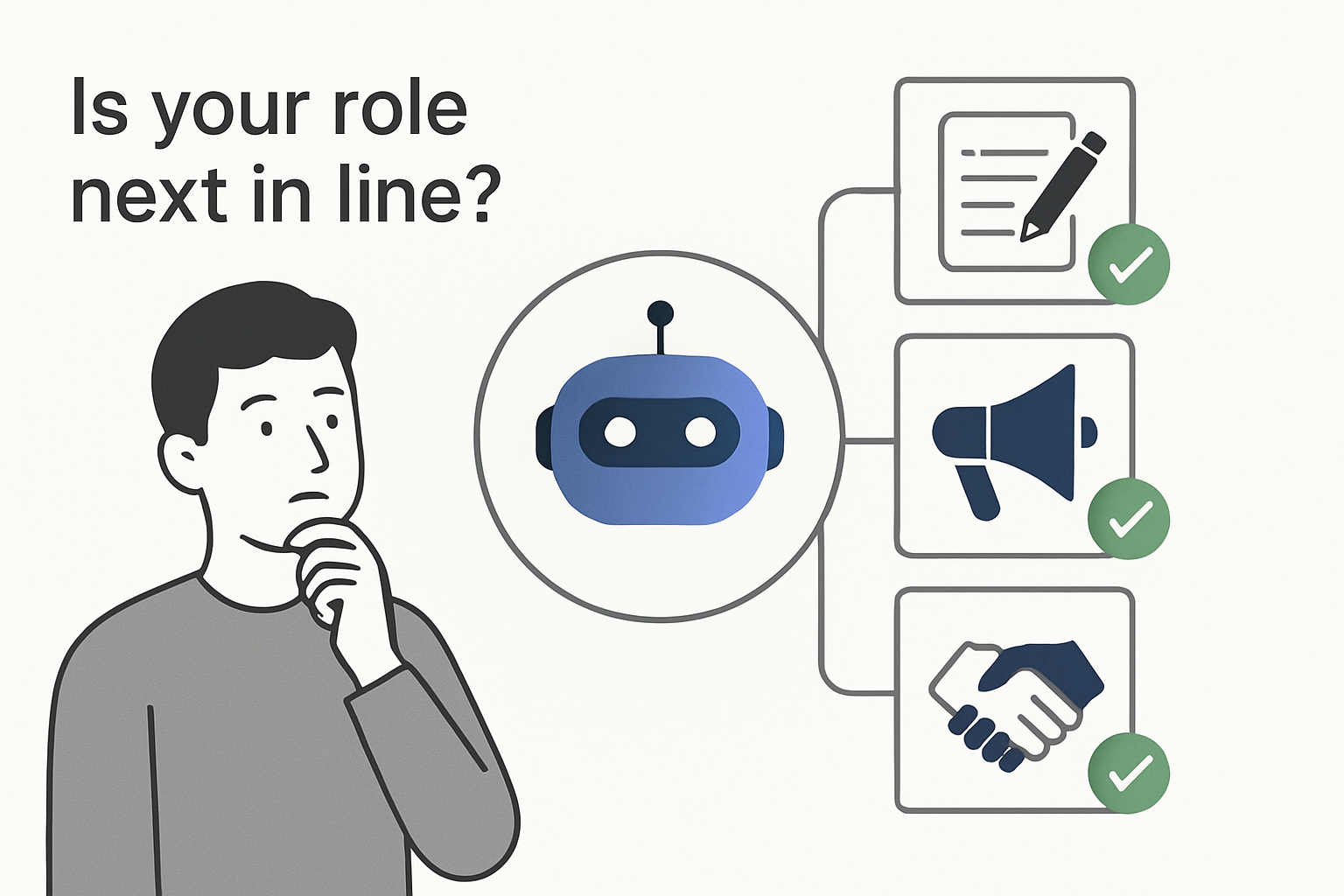 Minimalist tech illustration showing AI ranking marketing roles with chatbot icon and branching tiles