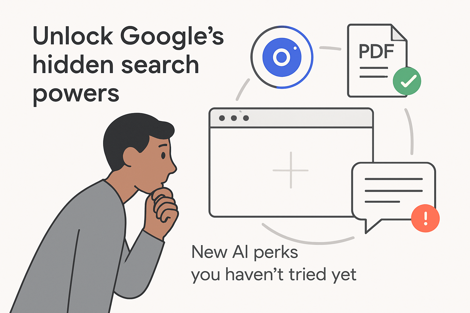Minimalist illustration of Google Search AI tools with a central blank workspace surrounded by icons for Lens video PDF upload and summary and a curious user discovering hidden options