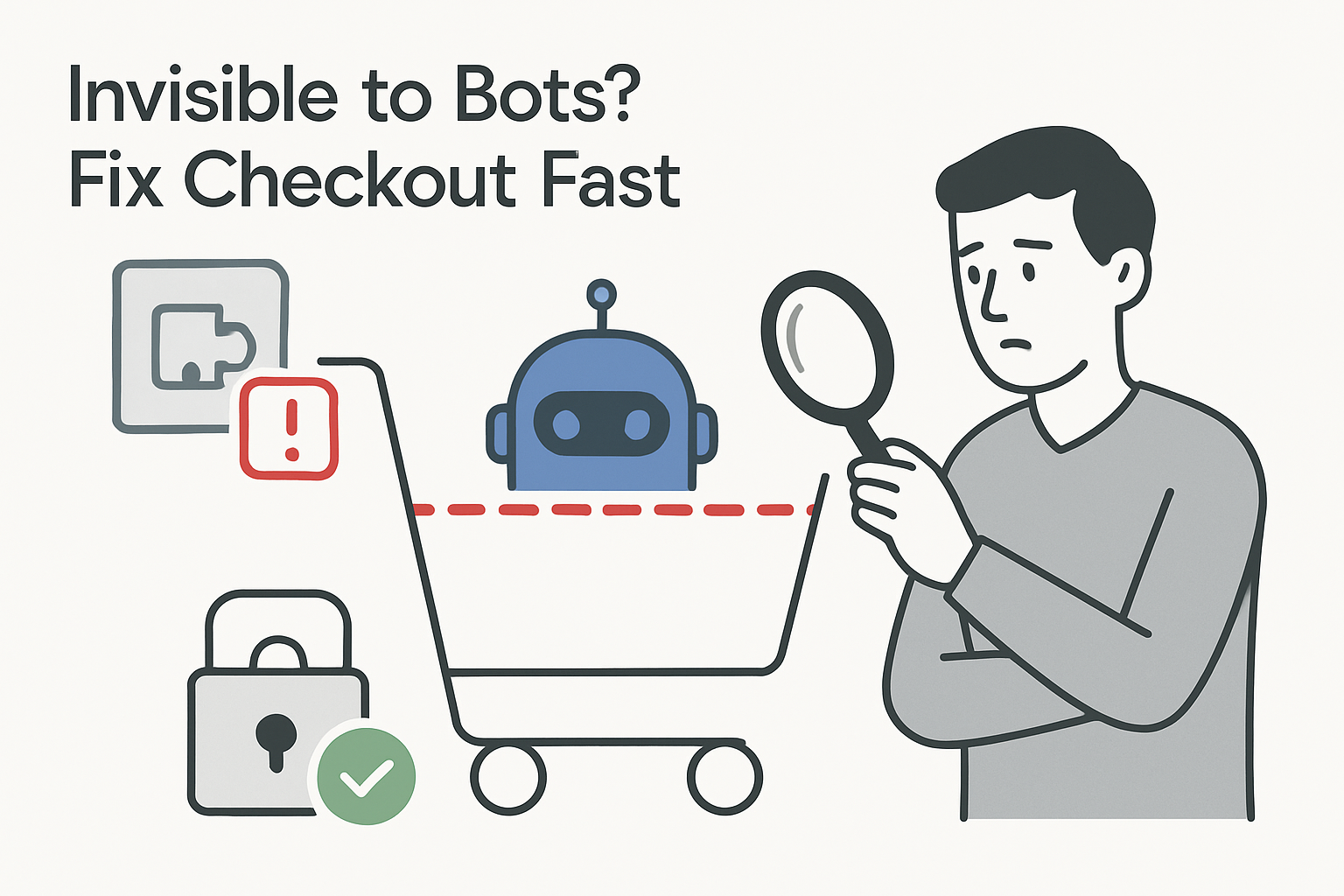 Minimalist illustration of a hidden checkout barrier blocking AI shopping bots with a concerned human avatar holding a magnifying glass and overlay text Fix Checkout Fast