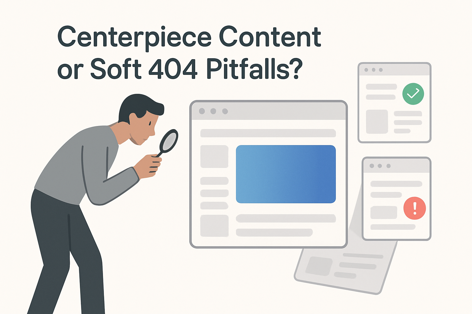 Minimalist tech illustration showing Google spotlight on page content versus soft 404 pitfalls with a curious analyst and simplified browser window