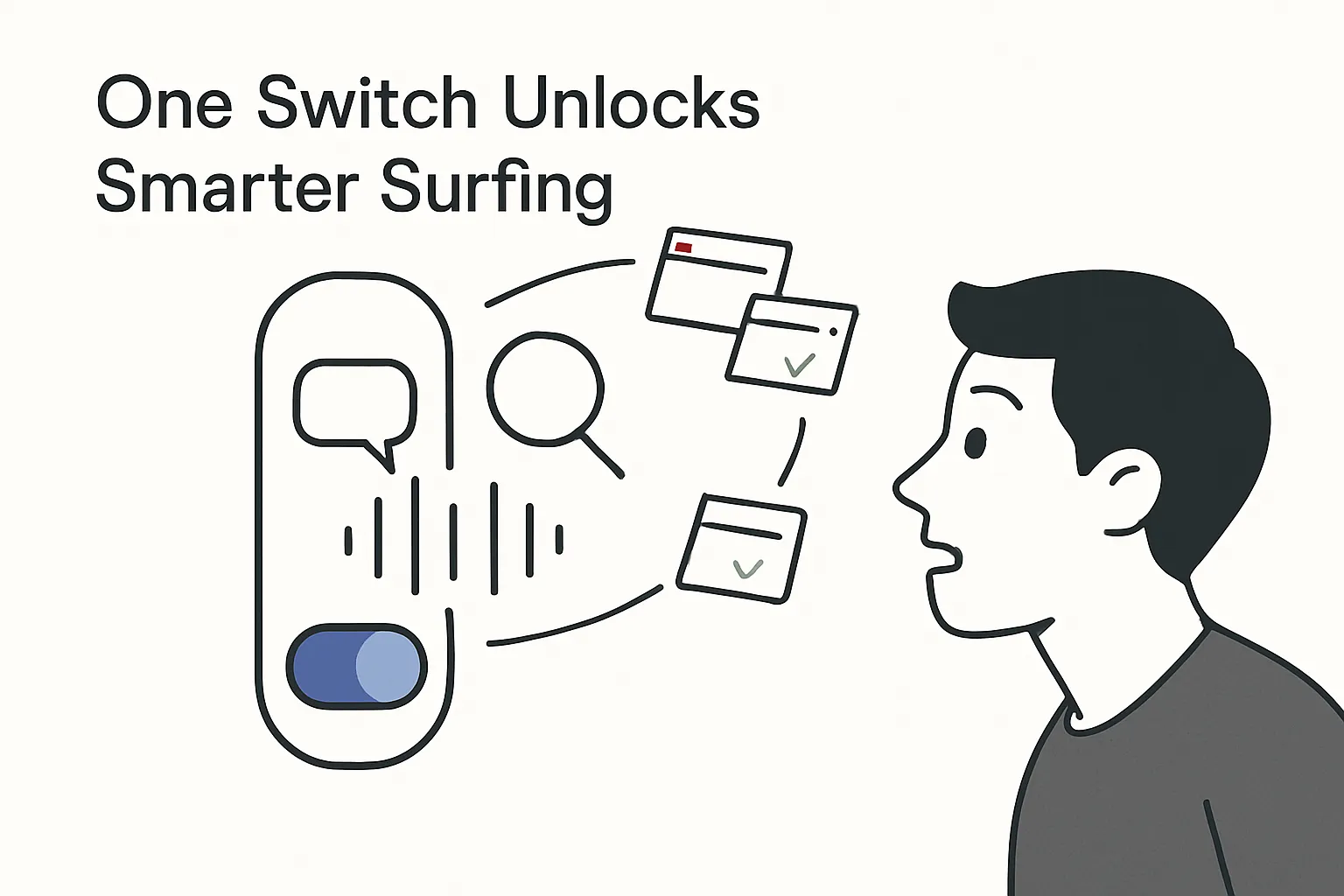 Minimalist illustration of a toggle switch transforming into an AI copilot with chat bubble magnifier and voice wave surrounded by orbiting browser tabs and a surprised user avatar
