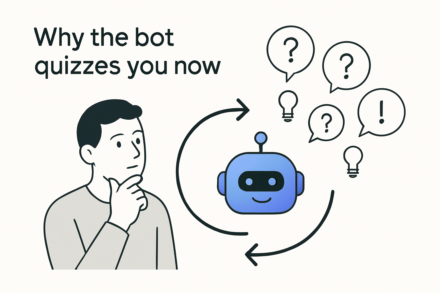 Minimalist illustration of a curious human avatar leaning forward with hand on chin next to a chatbot icon with looping arrow and branching question bubbles with light bulbs on a white background