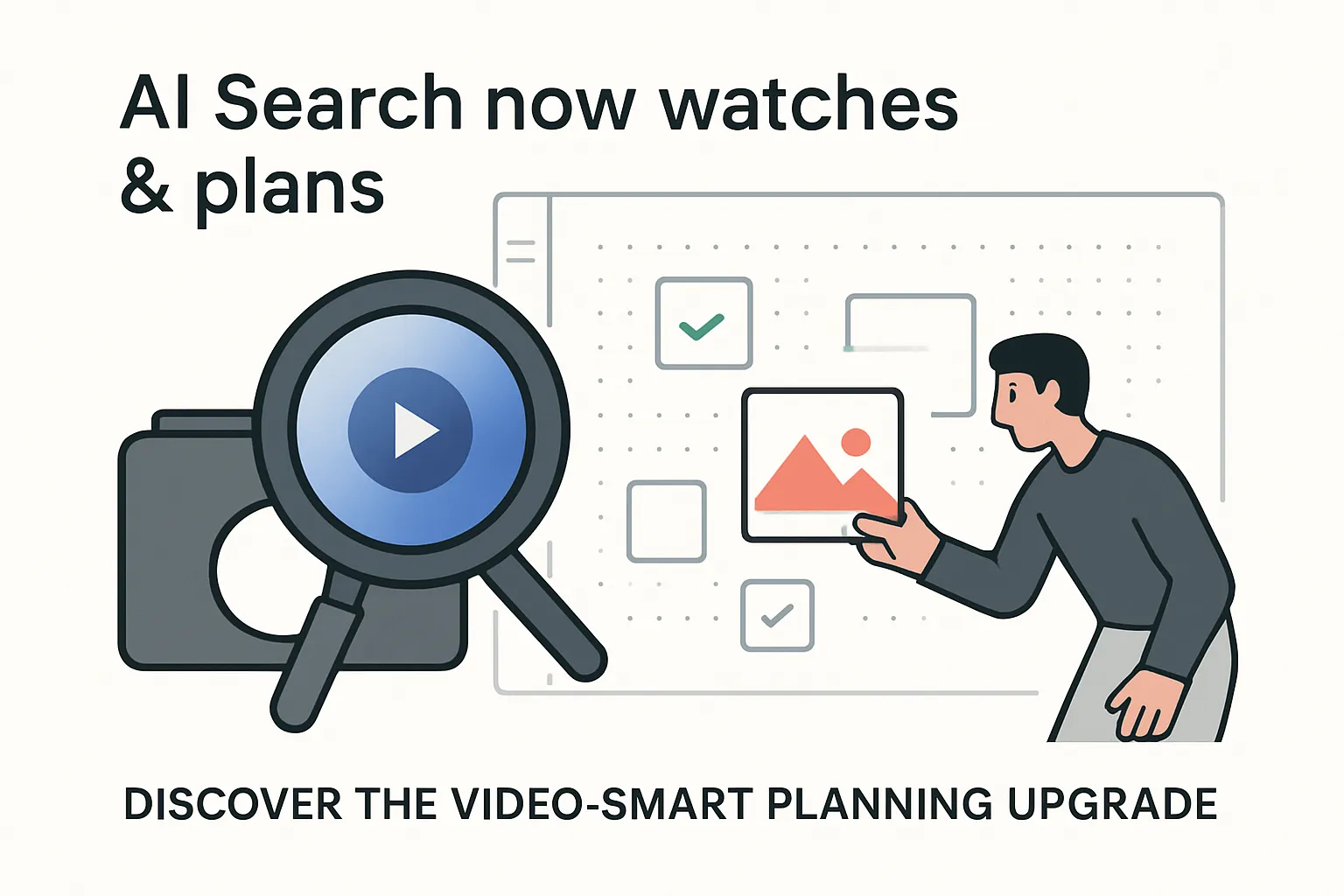 Minimalist tech scene with magnifying glass camera hybrid streaming to planning canvas