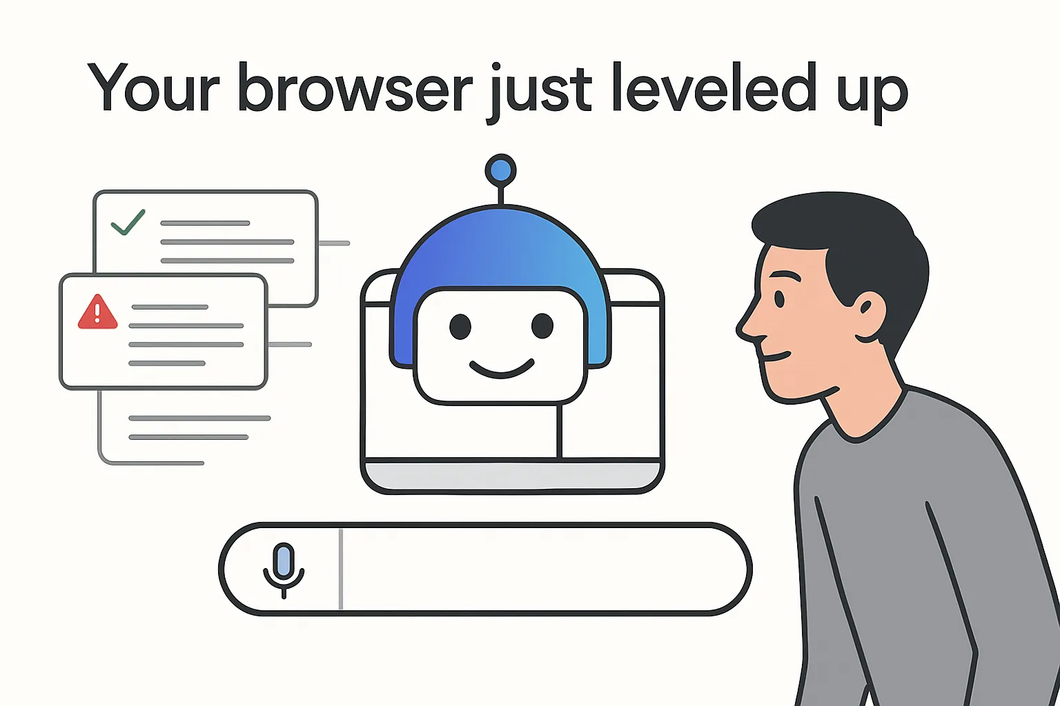Minimalist illustration of Edge Copilot AI guiding multiple browser tabs and voice search with a human avatar and overlay text