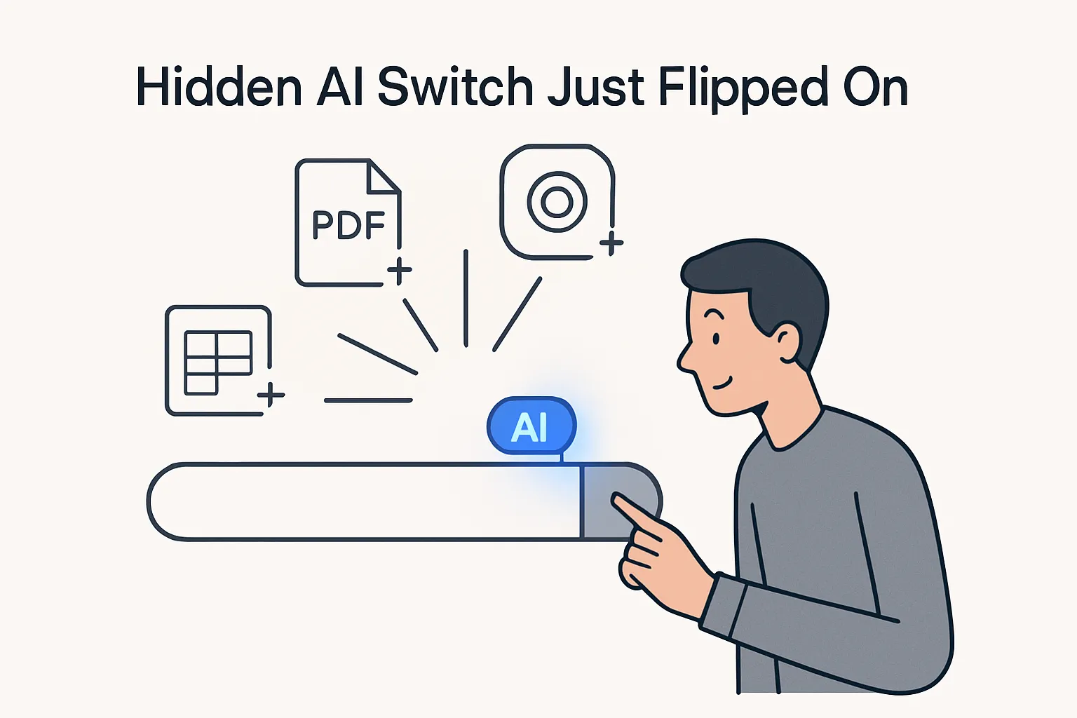 User flips a concealed AI switch on a minimalist search bar with feature icons radiating outward