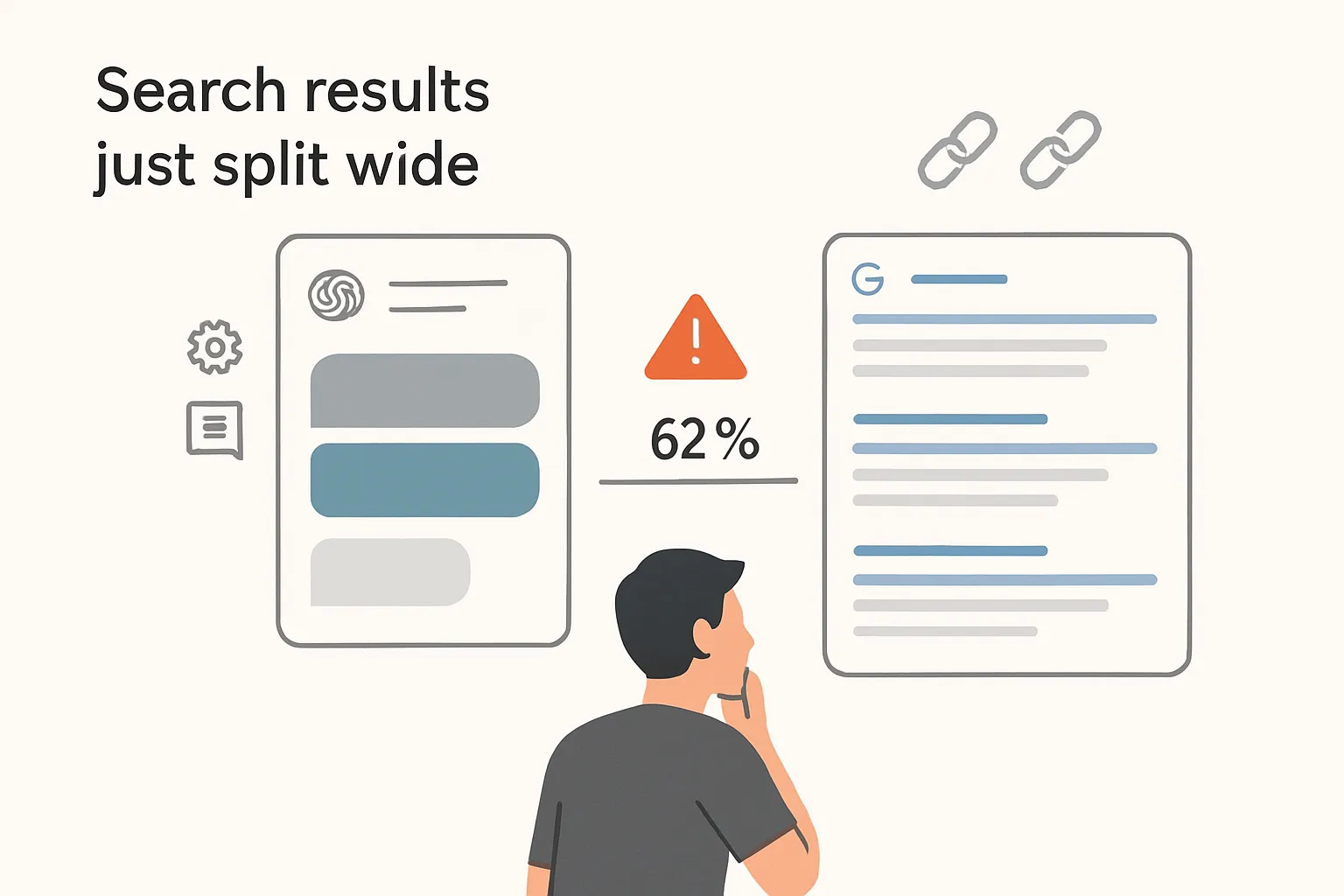 Minimalist illustration of answer gap between ChatGPT chat panel and Google link list with puzzled user