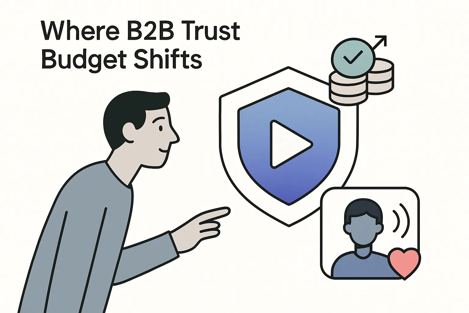 Illustration of B2B marketers shifting budget toward trust building short videos and influencer tactics with minimalist tech style and clean lines