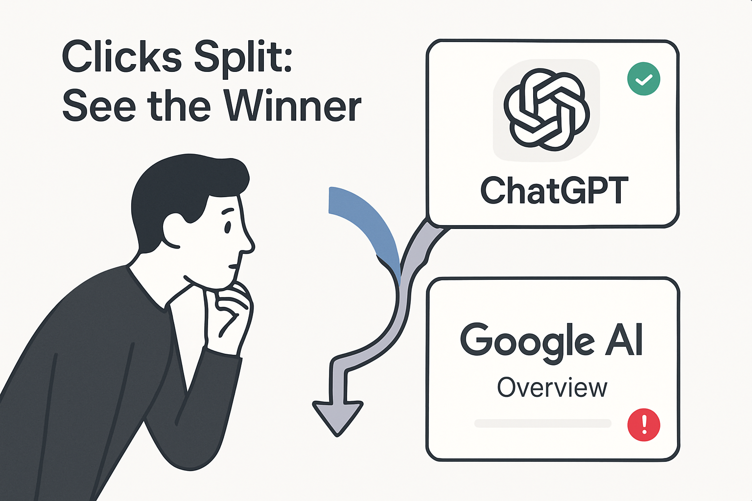 Illustration of competing AI results with a split funnel directing clicks toward ChatGPT and Google AI cards observed by a curious marketer avatar in minimalist tech style with clean lines and muted tones
