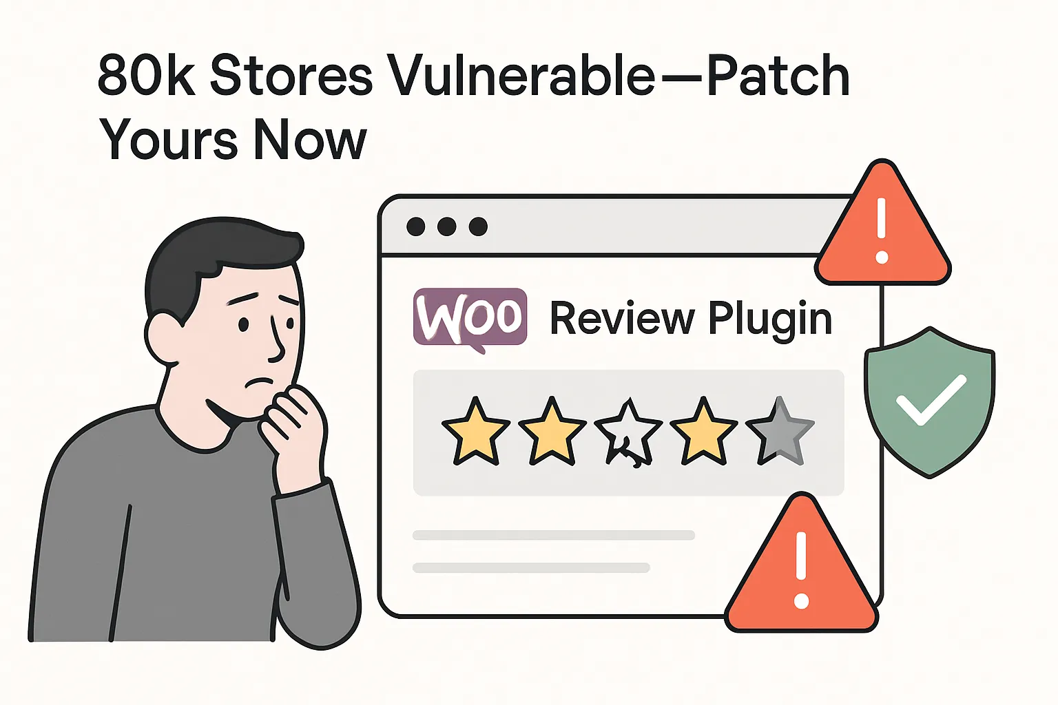 Illustration of hidden WooCommerce review plugin vulnerability showing risky and patched states with warning icons and worried character
