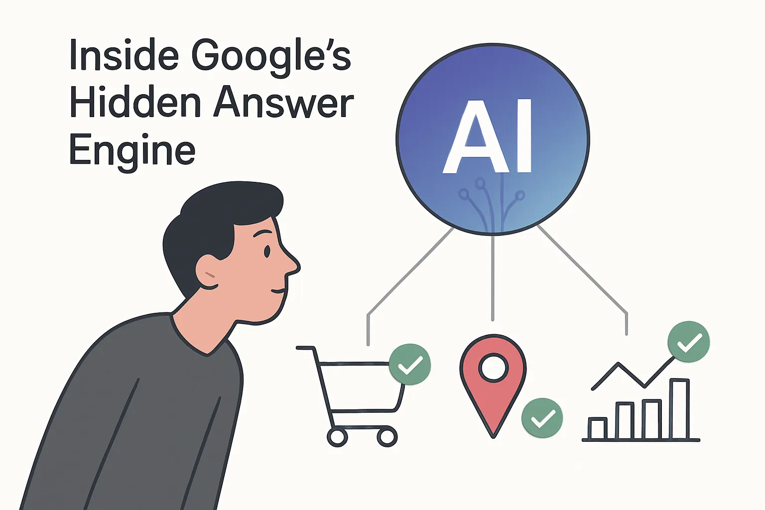 Minimalist illustration of a central AI hub with icons for shopping cart map pin and stock chart radiating outward on a white background