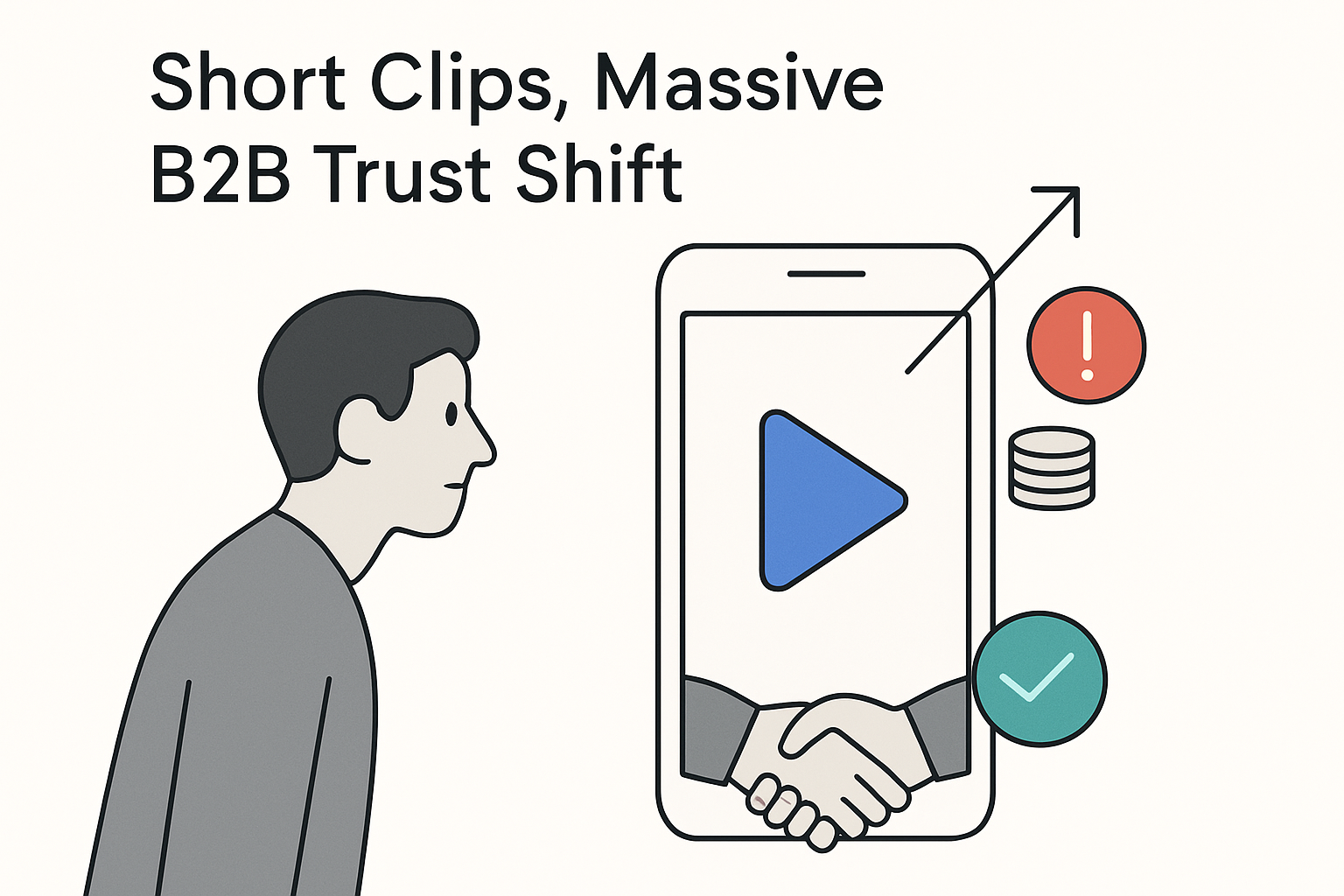 Minimalist tech illustration showing 2025 short form video and niche influencers rebuilding B2B trust with a human avatar and smartphone with play button