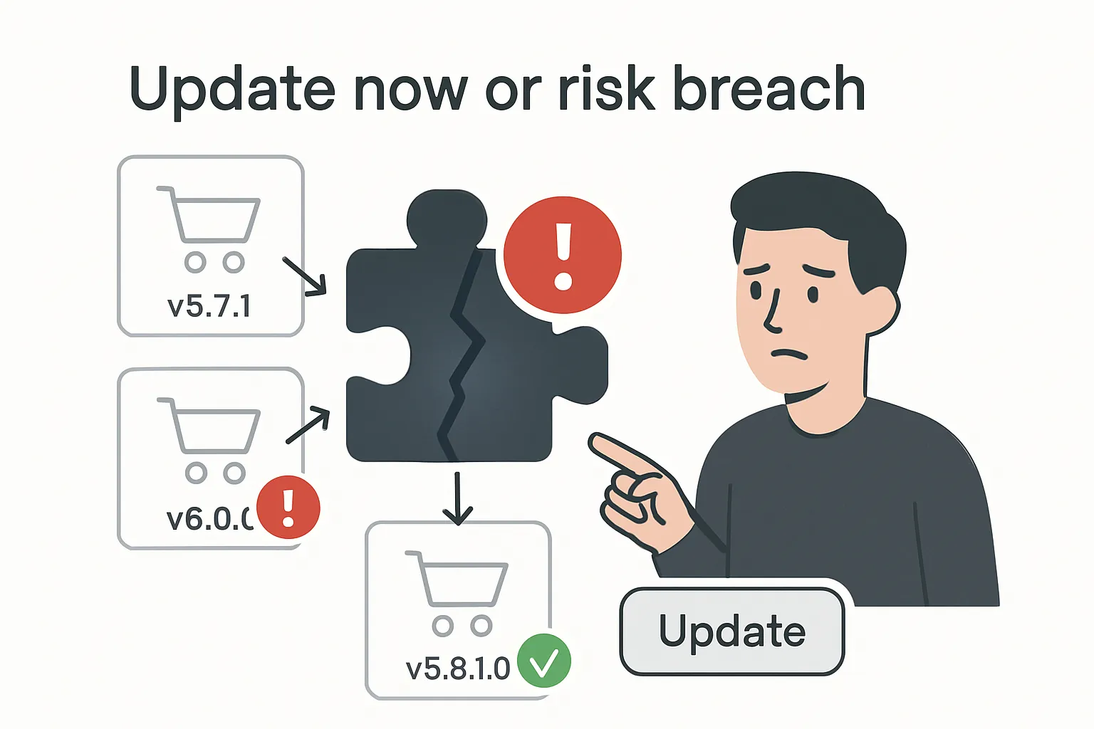 Alt text for image conveying urgent WooCommerce plugin vulnerability patching with cracked puzzle icon alert and worried store owner pointing to update button