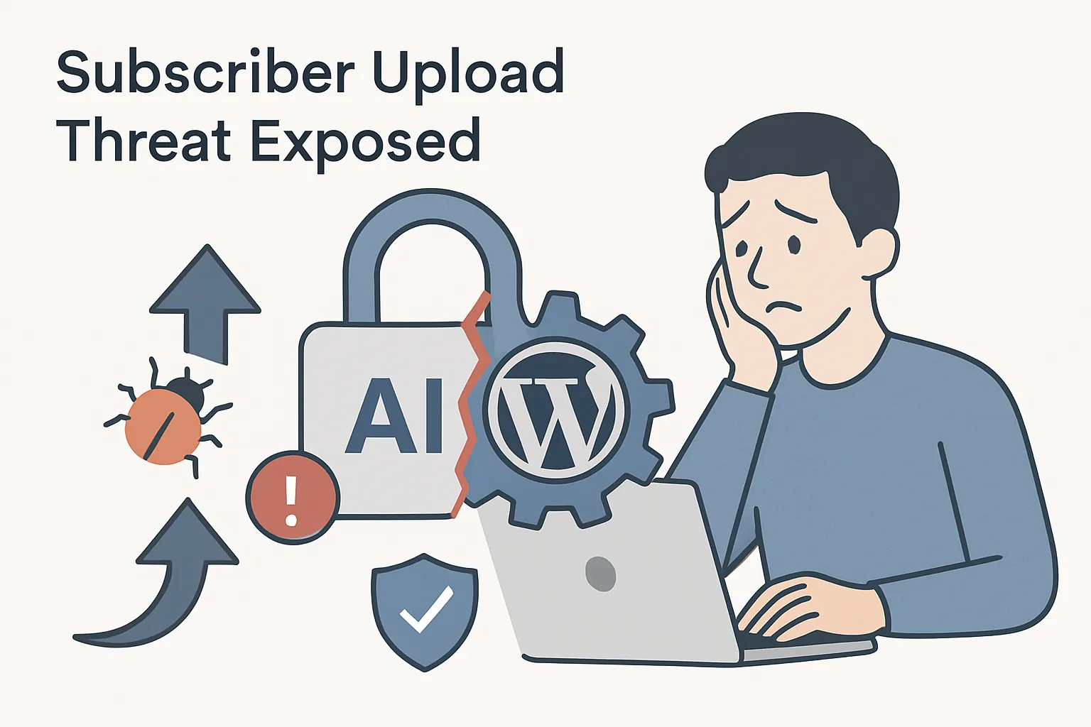 Cracked AI lock with upload arrow and bug warning site admin