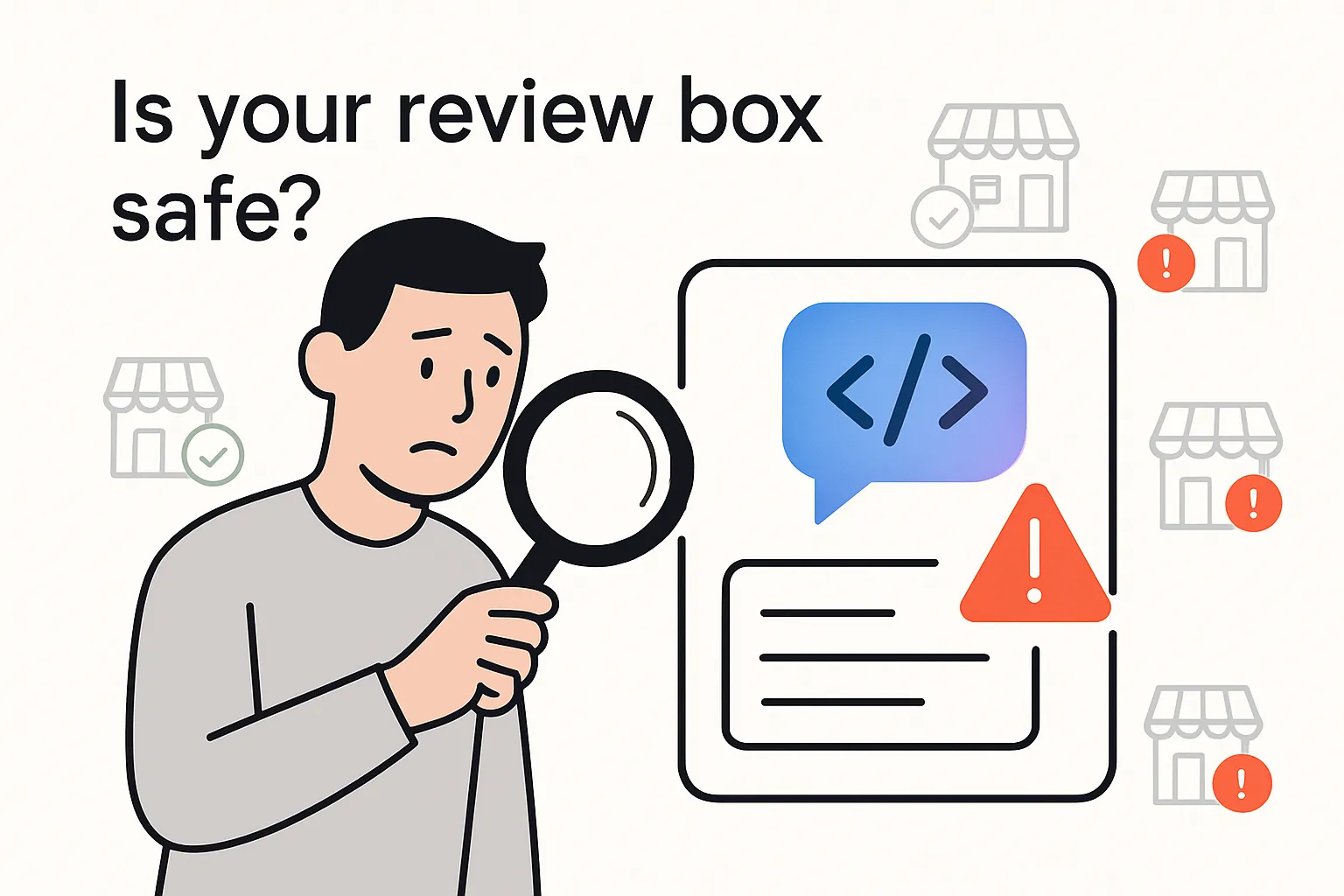 Minimalist tech illustration showing worried merchant holding magnifying glass inspecting WooCommerce review plugin with review widget code and alert exclamation mark highlighting hidden XSS risk in shop review system